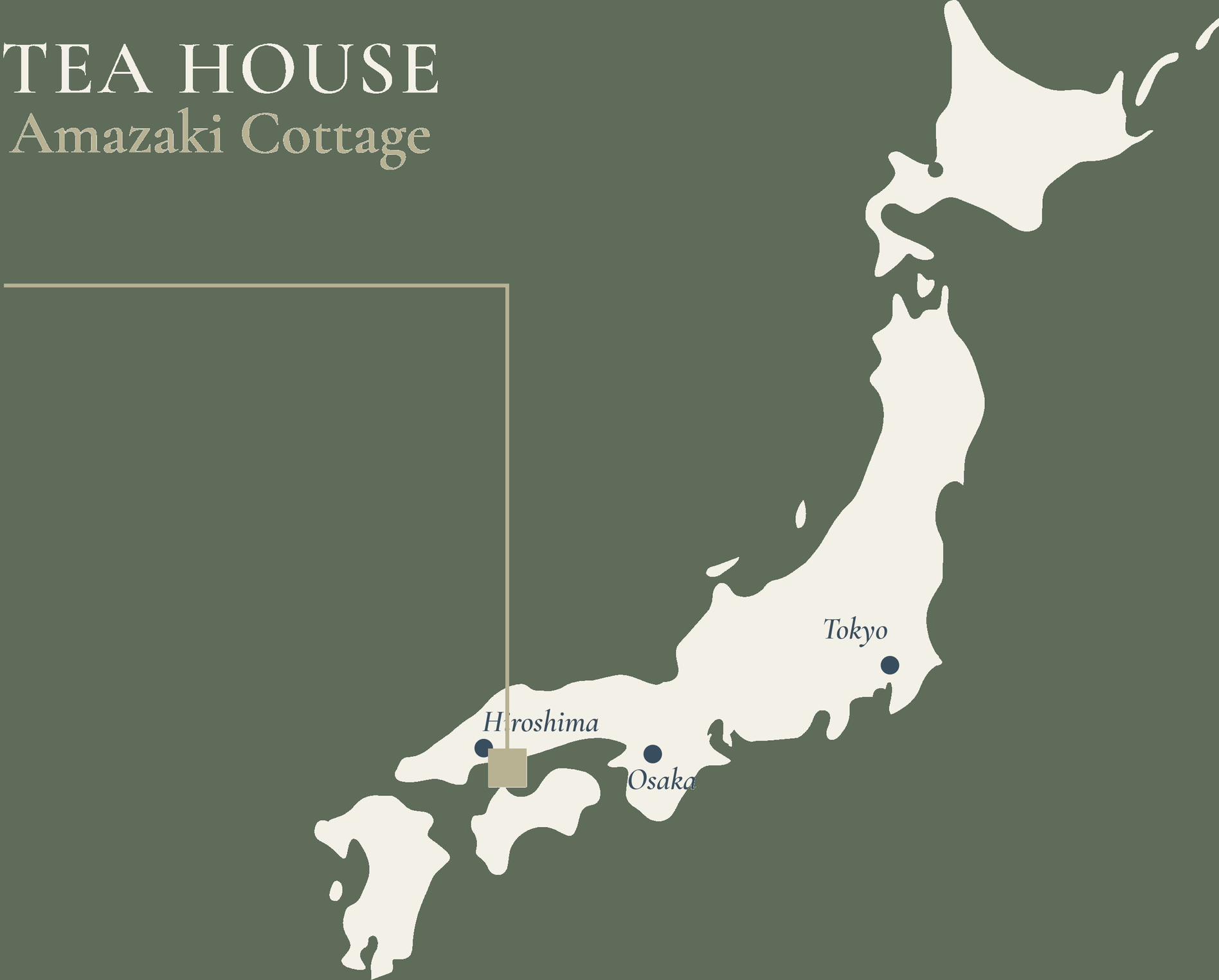 Map of Japan marking the Tea House on Omishima in Imabari, Ehime, with Tokyo, Osaka and Hiroshima for reference